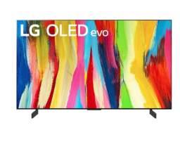 LG OLED flatscreen smart TV displaying rainbow-colored paints against white background