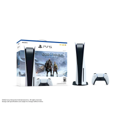 box art for the ps5 god of war ragnarök bundle next to the console and a dualsense controller