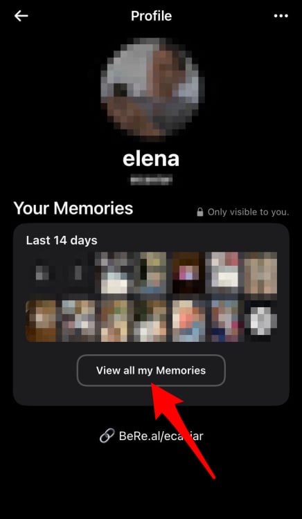 A screenshot of my BeReal with a red arrow pointing to "View all my Memories"
