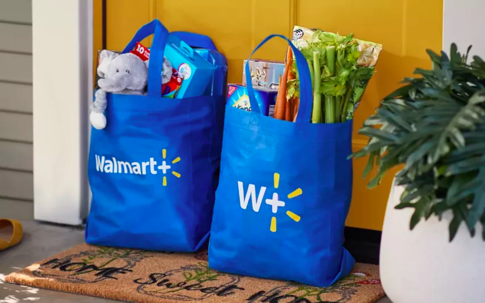 a pair of Walmart grocery bags waiting by a door