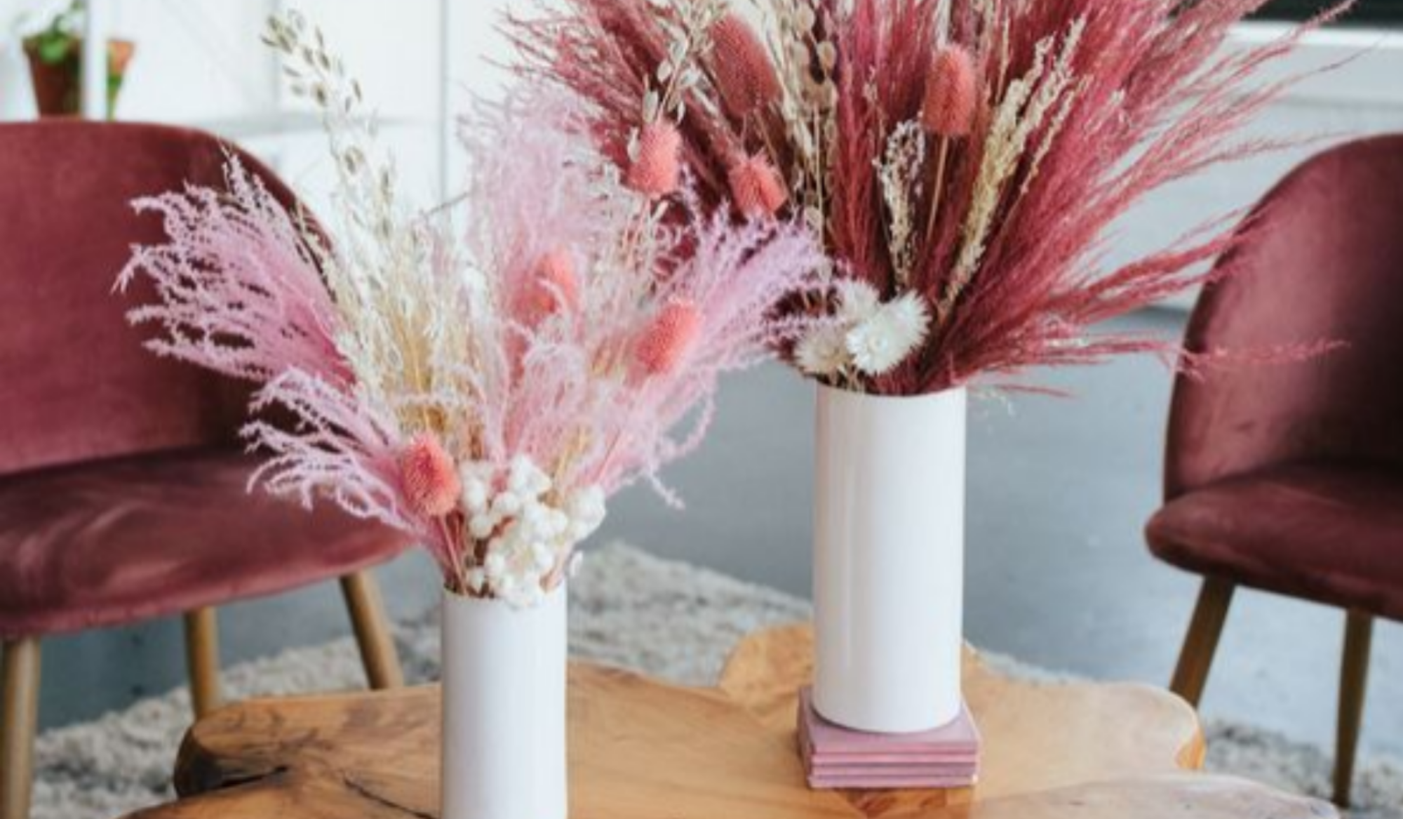 pink and maroon plants in white vases