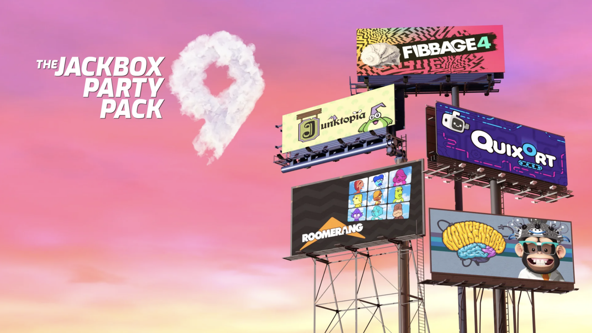 Jackbox Party Pack games on billboards with sunset in background