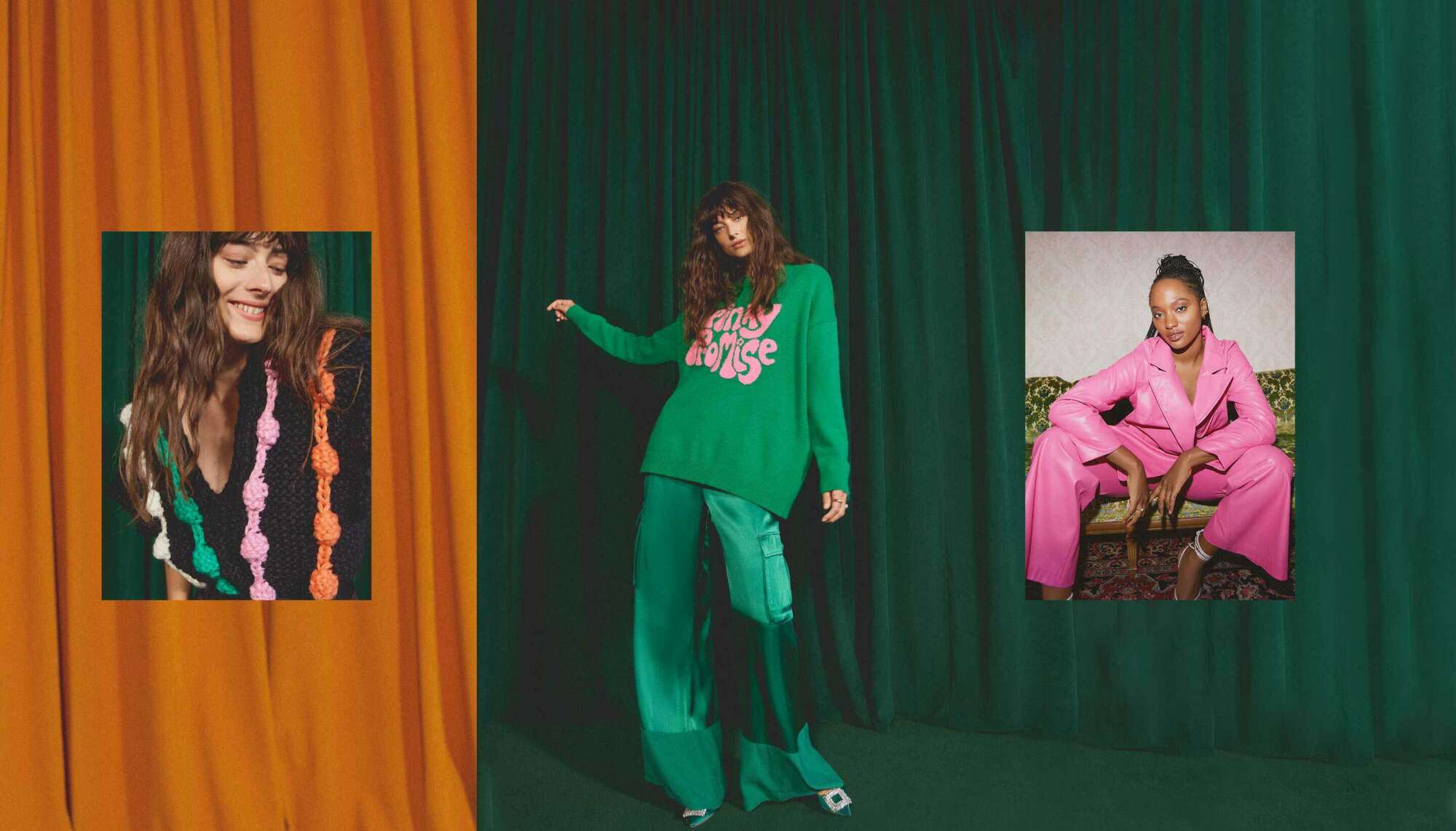 Women modeling rented clothes with curtains in background