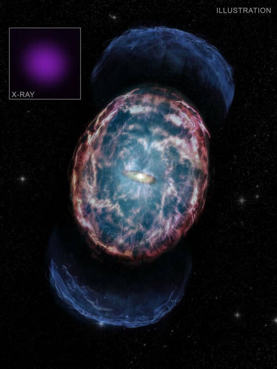 An artist's conception of the aftermath of a kilonova blast in deep space.