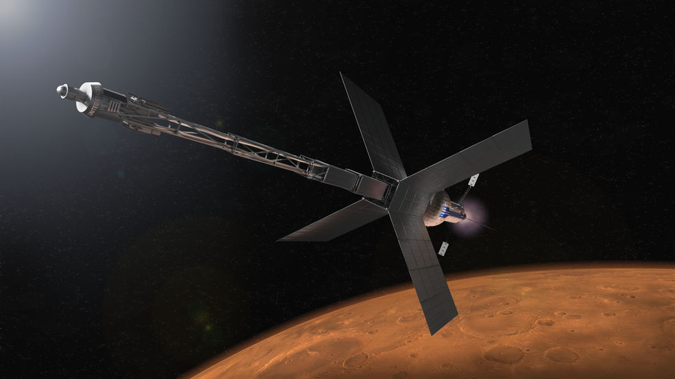 A nuclear-powered rocket and spacecraft heading to Mars