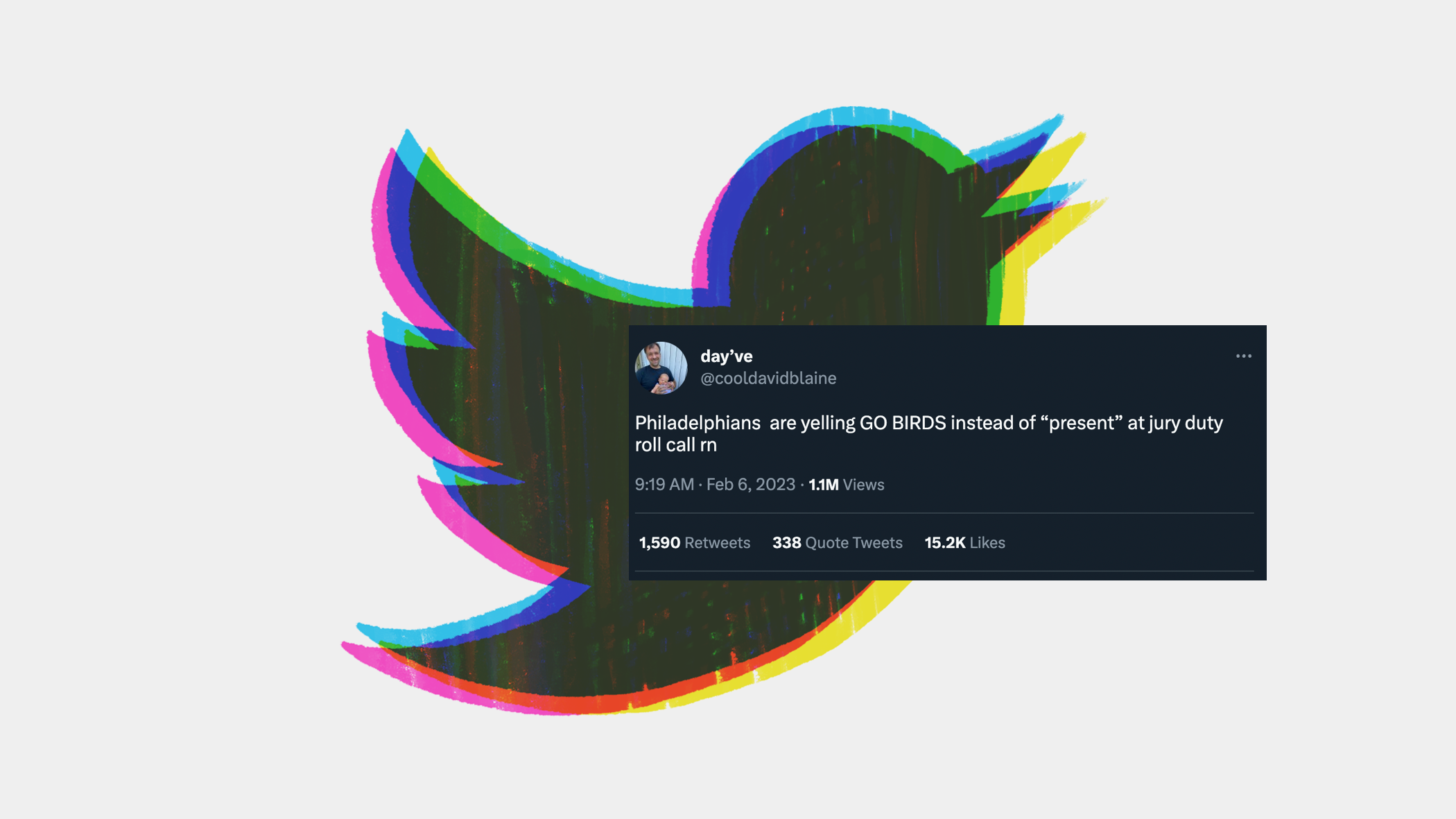 illustrated twitter bird with screenshot of tweet about eagles fans at jury duty saying 