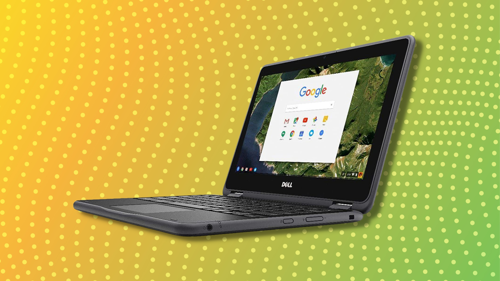 refurbished dell chromebook with green and yellow polka dot background