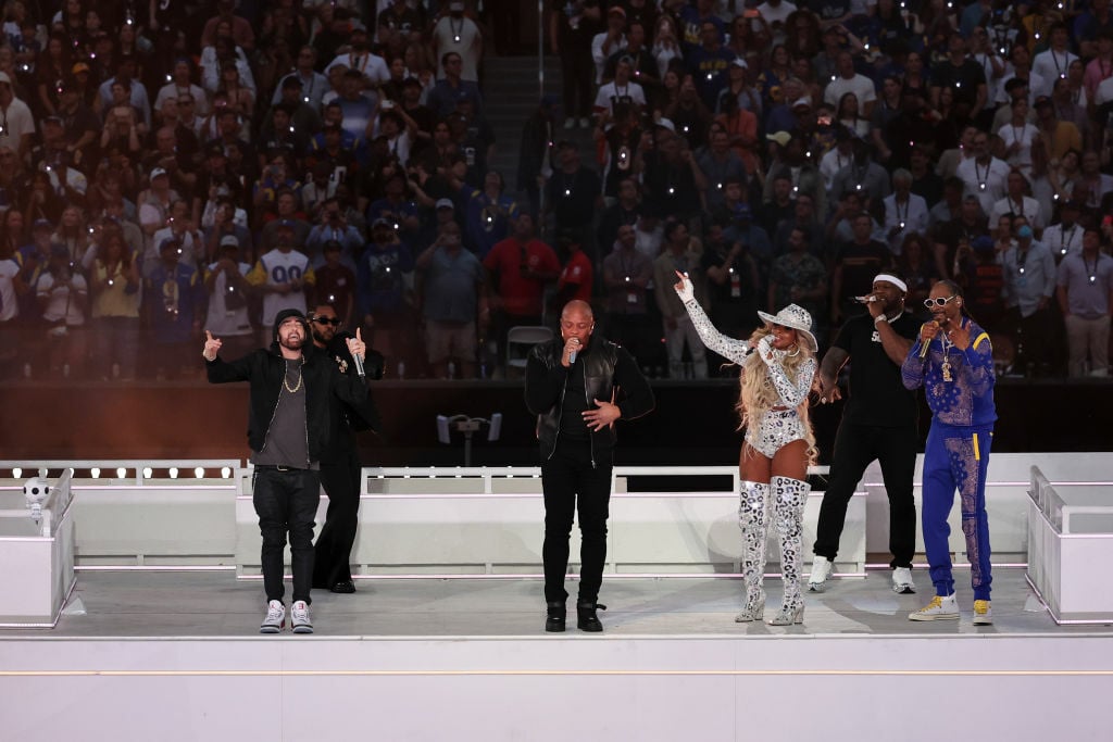 Dr. Dre, Mary J. Blige, Snoop Dogg, Eminem, Kendrick Lamarr, and 50 Cent performing at the 2022 halftime show