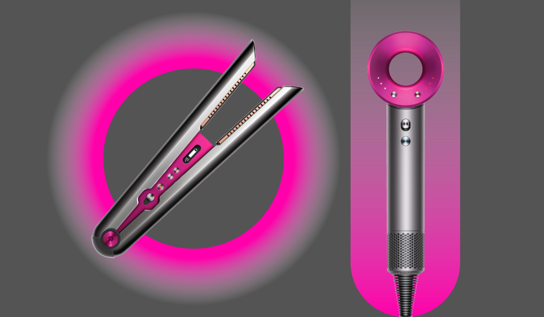 Dyson Corrale hair straightener and Supersonic blow dryer on gray background with pink graphics