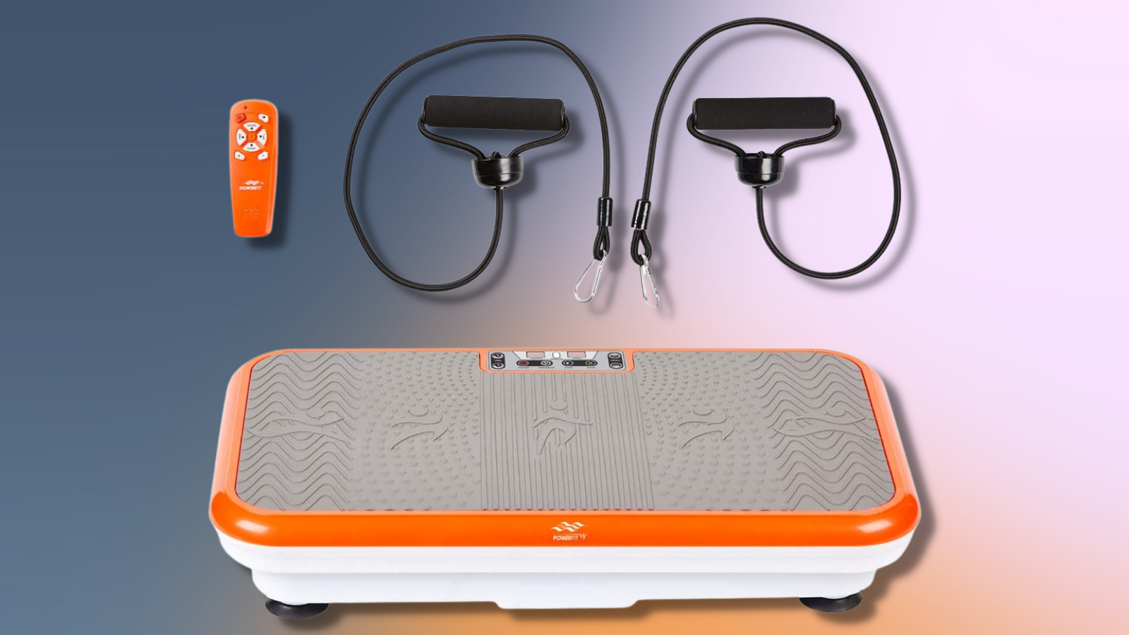 powerfit vibration platform in orange with remote and exercise bands with colorful background