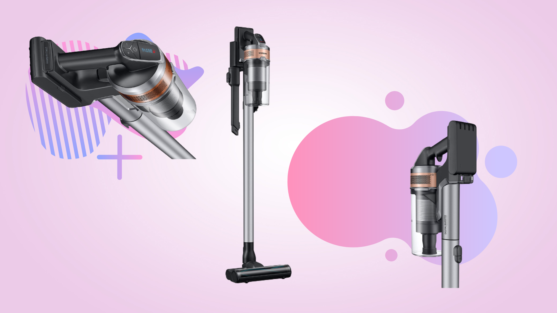 Samsung Jet 75 vacuum against a pink and purple background