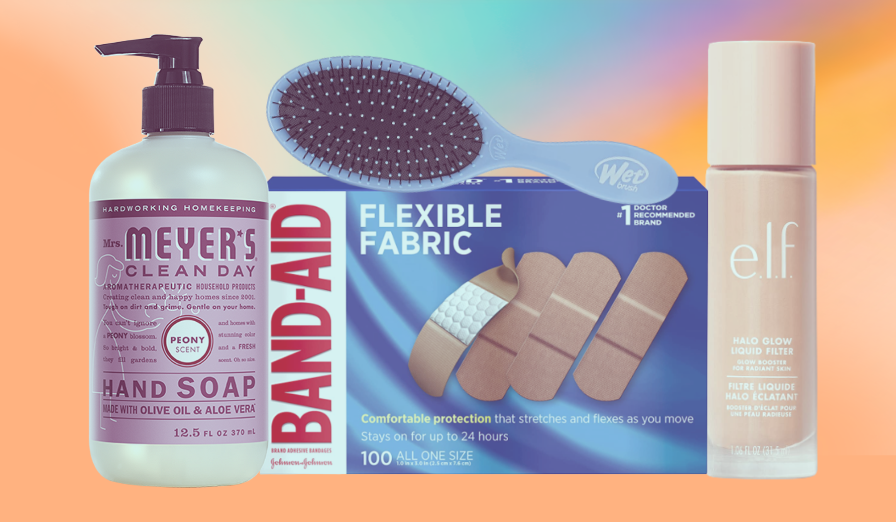 Mrs. Meyer's hand soap, Band-Aids, Wet hair brush, and Elf primer on orange background