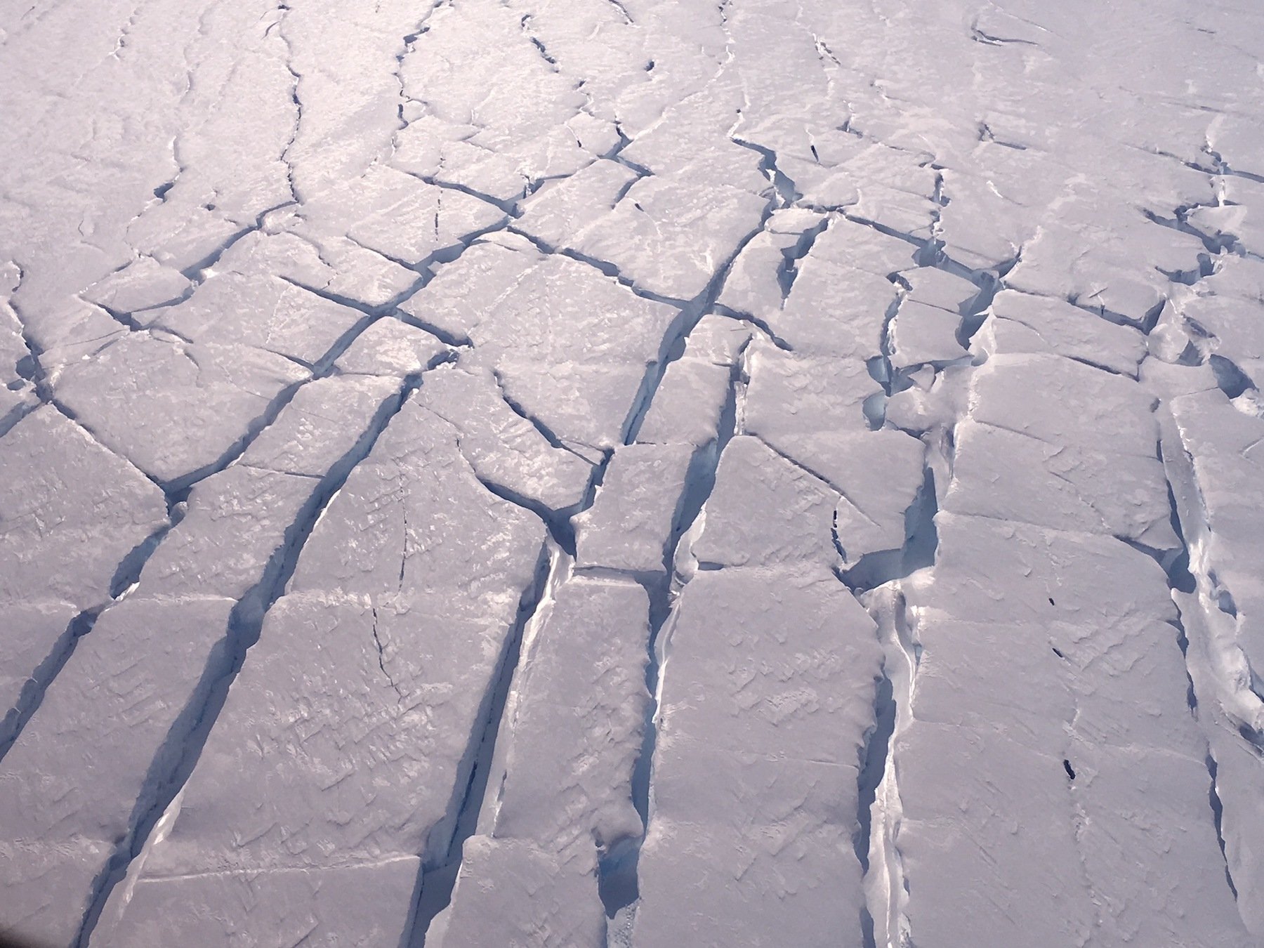 Large cracks in the Thwaites Glacier as seen from the air.