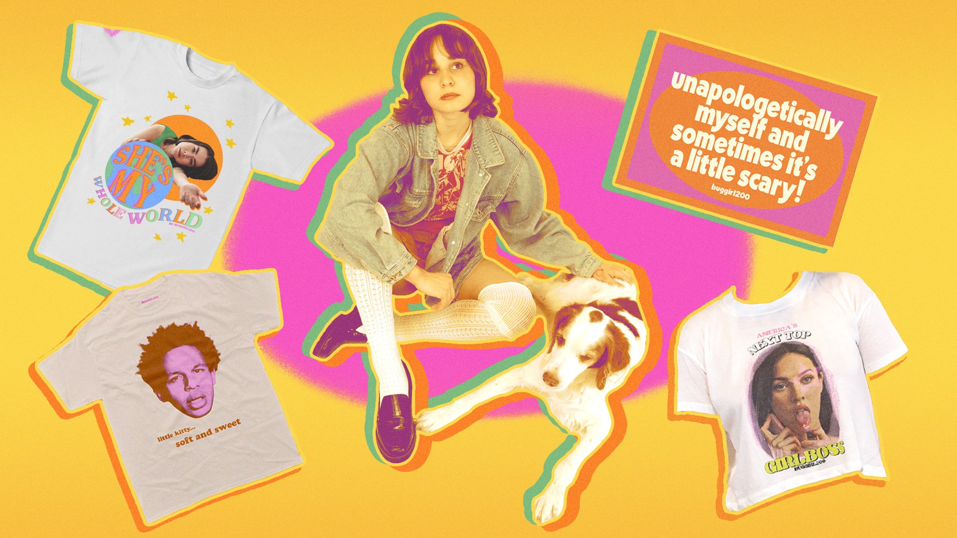 Madison Sinclair petting her dog surrounded by her Buggirl200 designs.