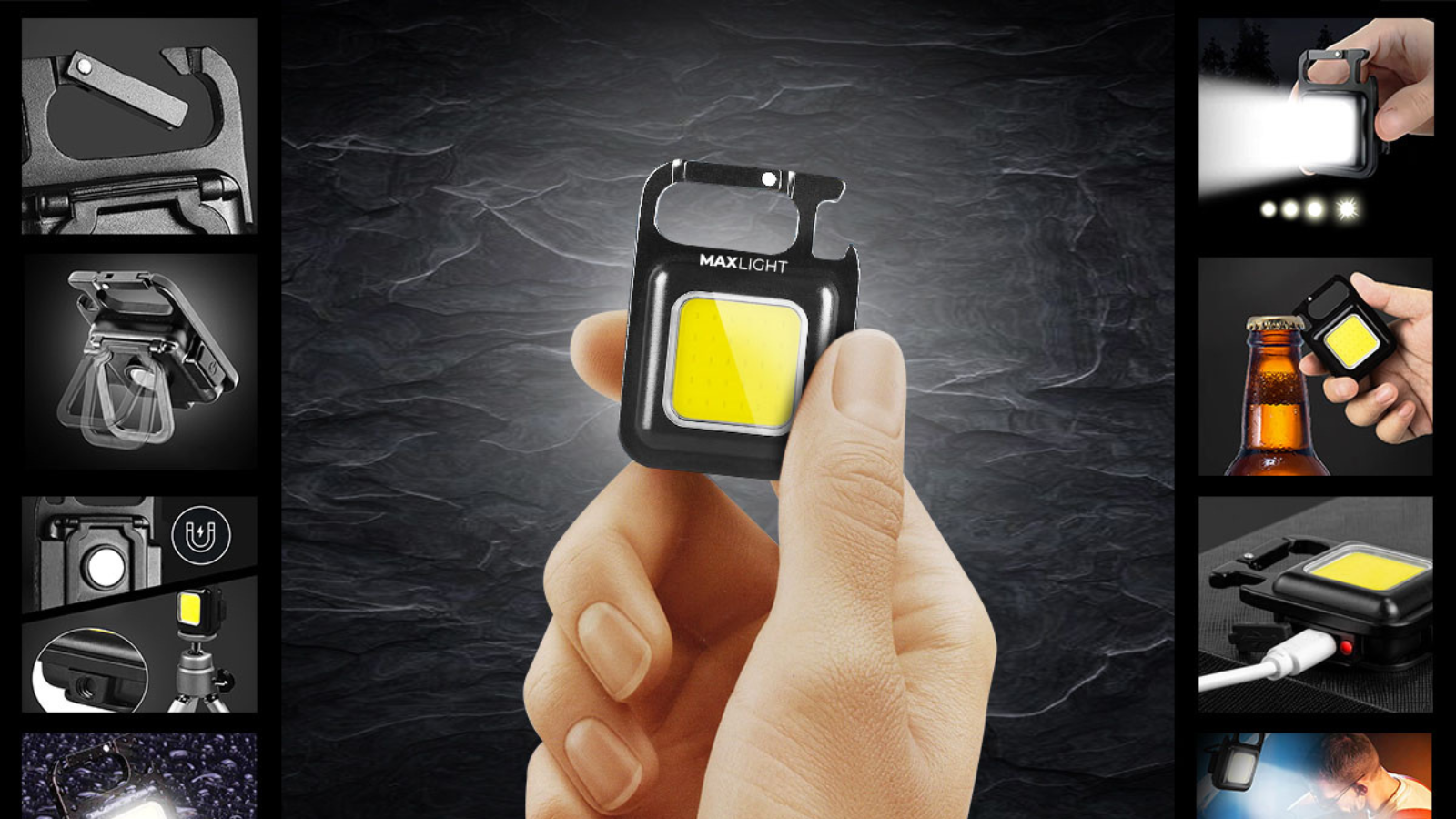 hand holding maxlight utility flashlight with thumbnail images of its other uses