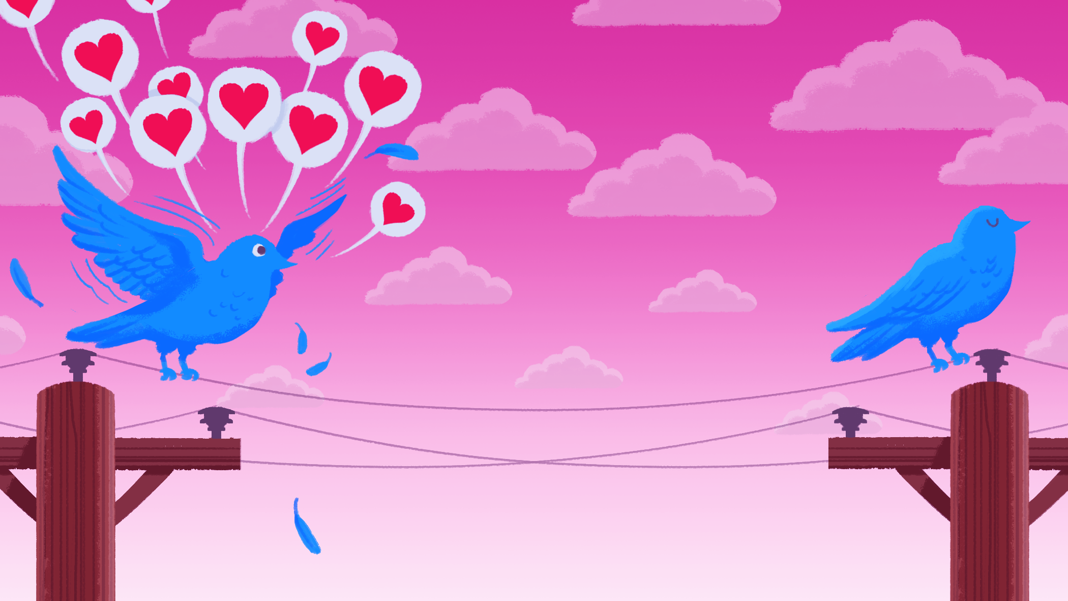 illustration of twitter birds chirping hearts