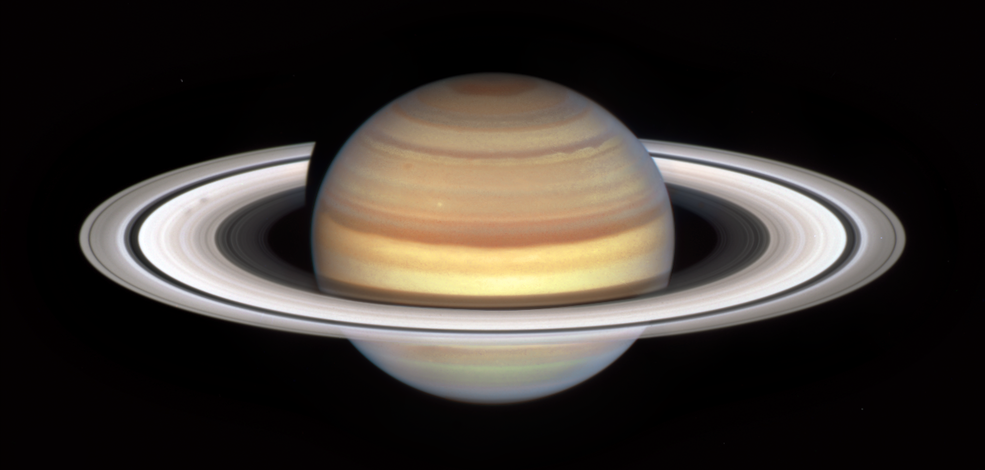 the planet Saturn with strange formations on its rings (on left)