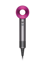 Nickel and fuchsia Dyson Supersonic hair dryer on white background