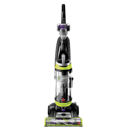 Black vacuum with lime green accents and transparent dust cup against white background