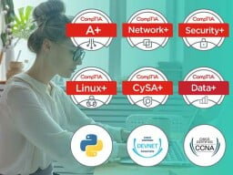 woman typing on computer with logos for comptia overlayed