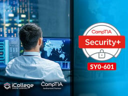 comptia security+ logo with man on computer