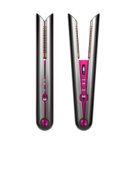 Nickel and fuchsia Dyson Corrale hair straightener from two angles on white background 
