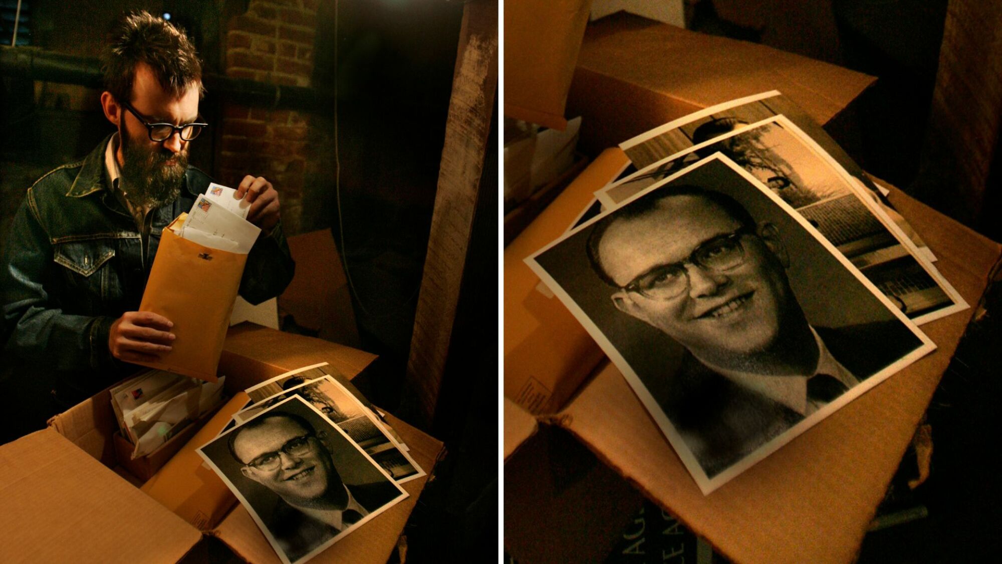Mark Oliver Everett goes through a box, which includes photos of his father, High Everett III. 