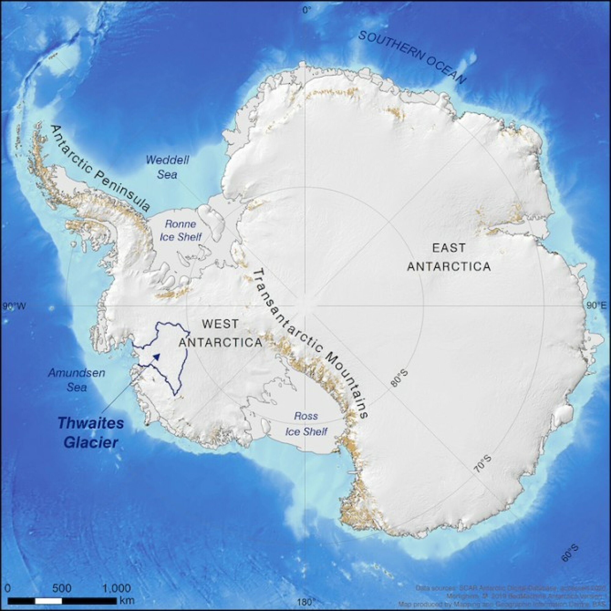 a map of Antarctica with the Thwaites Glacier shown on left