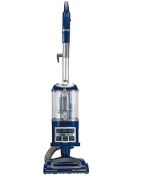 Navy blue vacuum with black accents and transparent dust cup