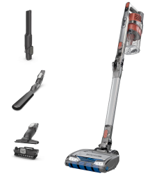 Left: four vacuum crevice accessories, Right: cordless stick vacuum