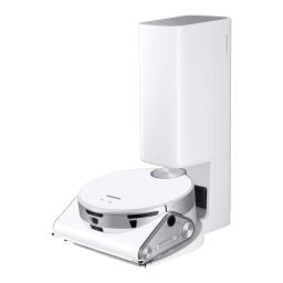 White Samsung robot vacuum on white background