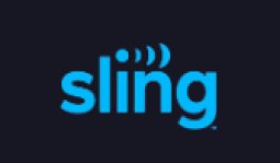 Sling TV logo in sky blue letters against black background