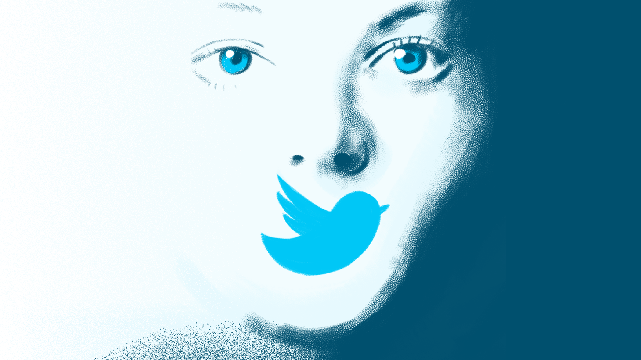 A person's face is half obscured in shadow. Their mouth is covered by the bright blue Twitter bird logo.