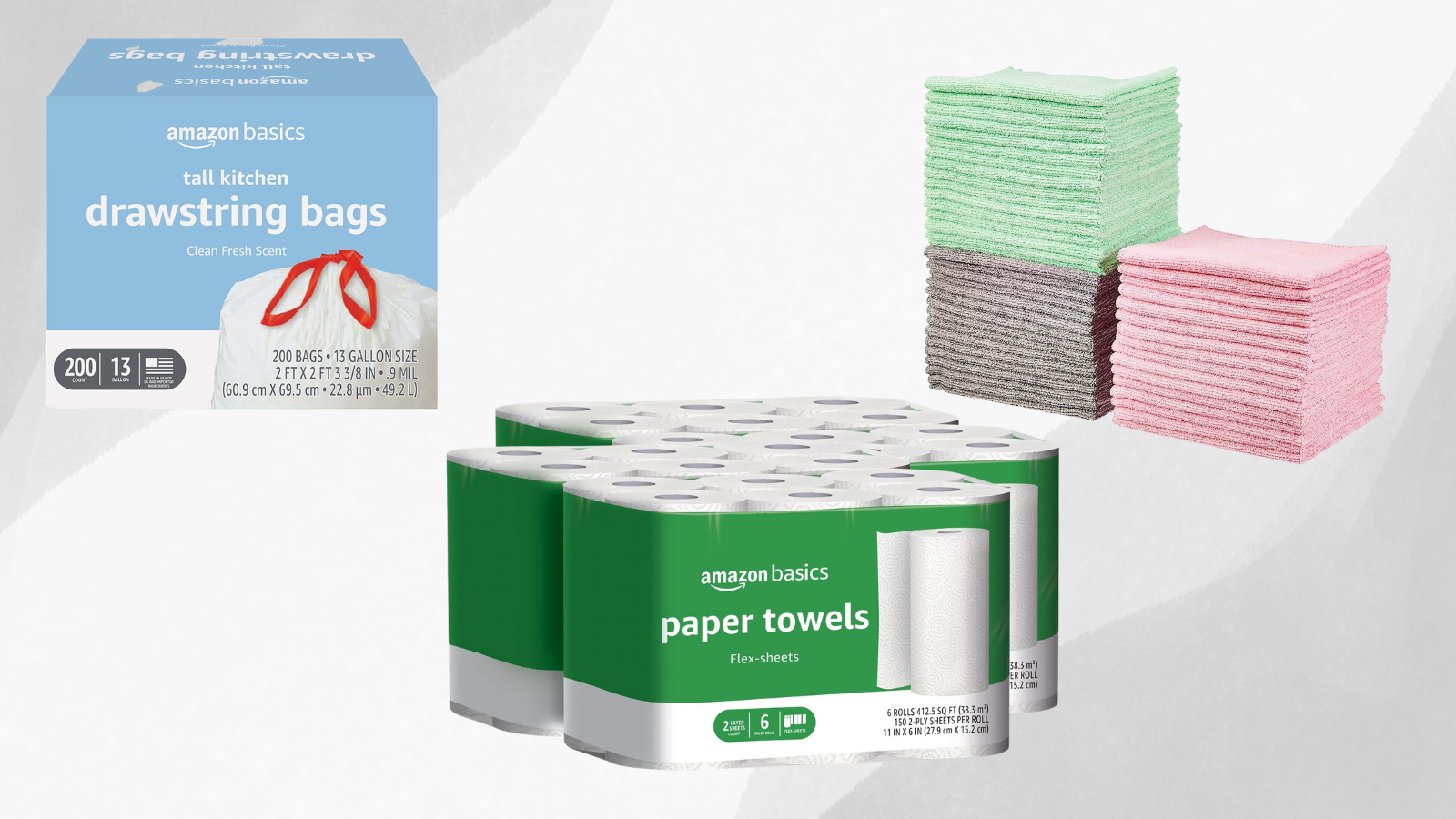 Paper towels, trash bags, and microfiber towels on gray background