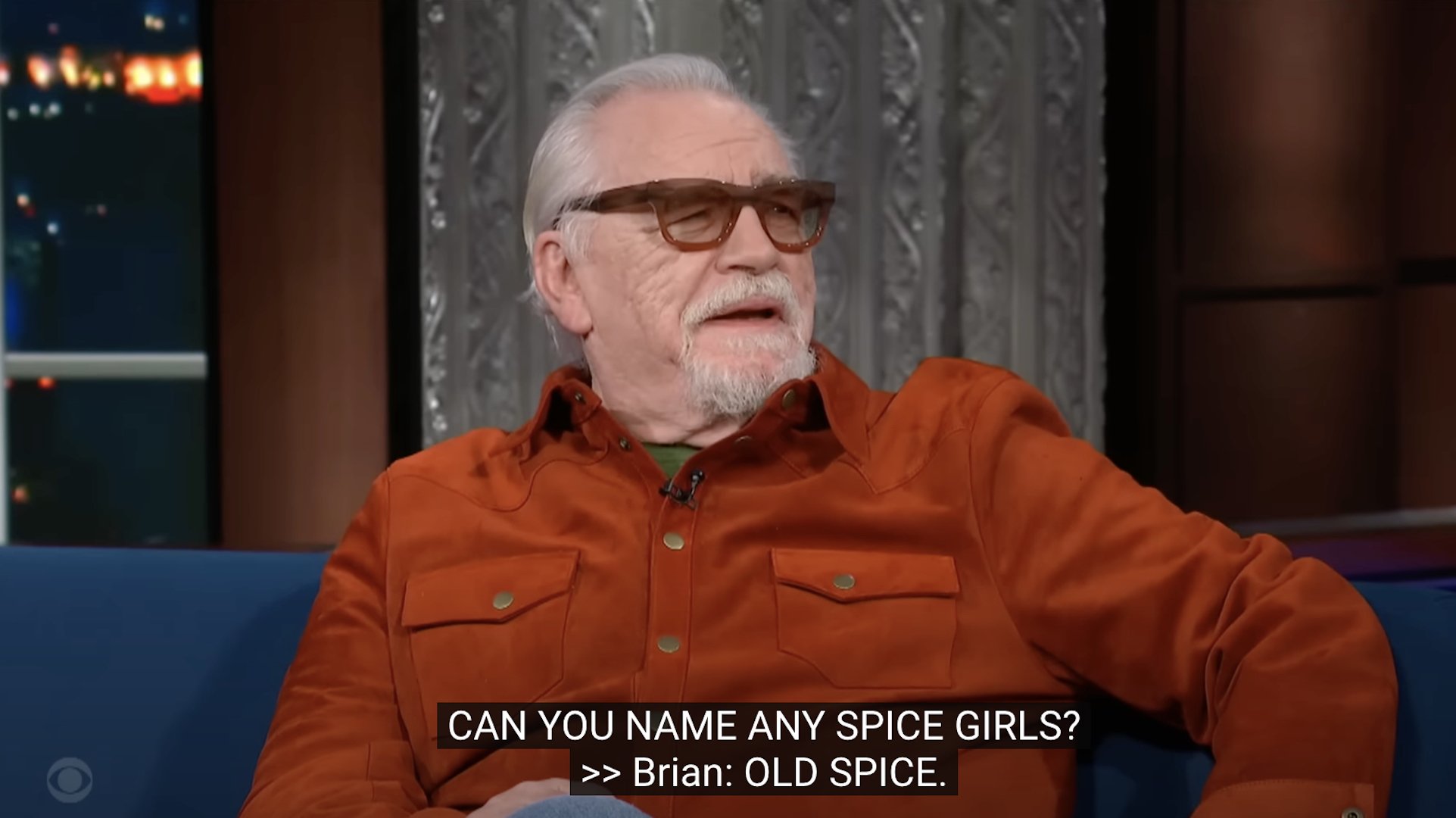 The actor Brian Cox appearing on The Late Show with the caption