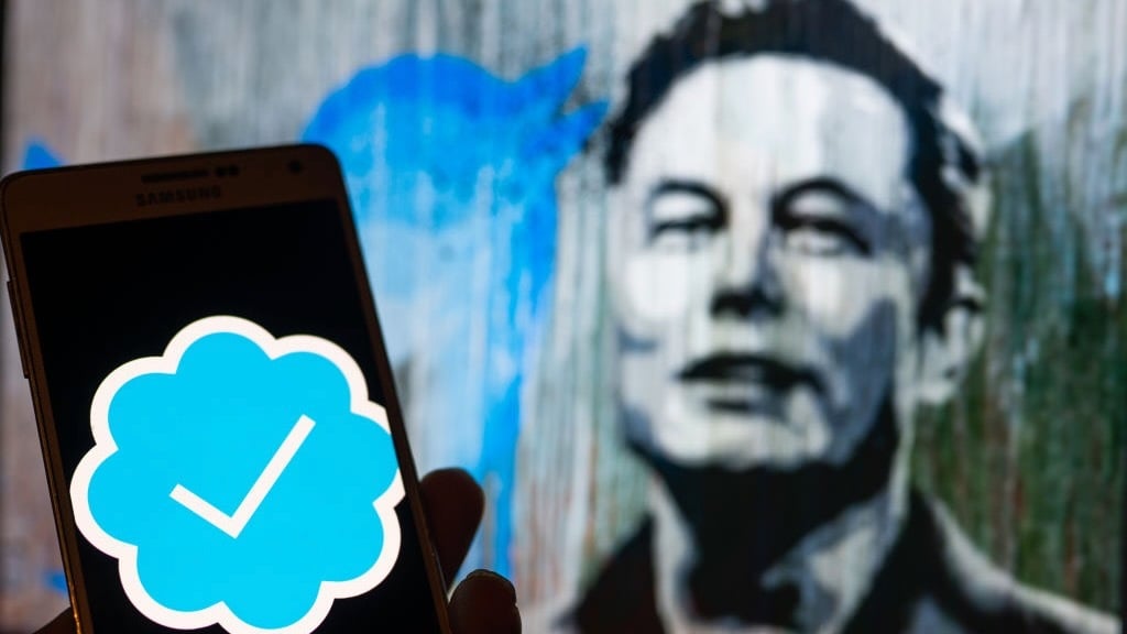 elon musk by screen with blue check