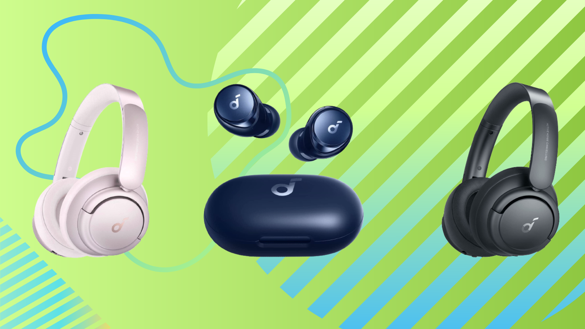 light pink headphones, navy blue earbuds, and black over-ear headphones against a green and blue background