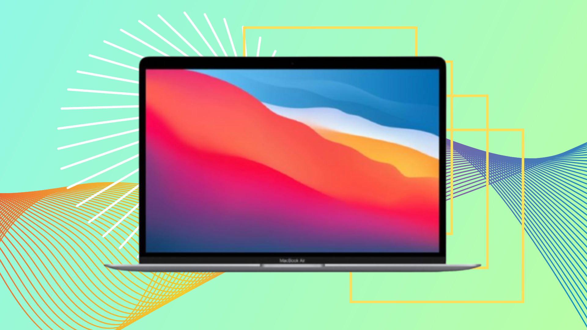 Apple MacBook Air against a green background with a blue, purple and yellow weave and white lines in a circle