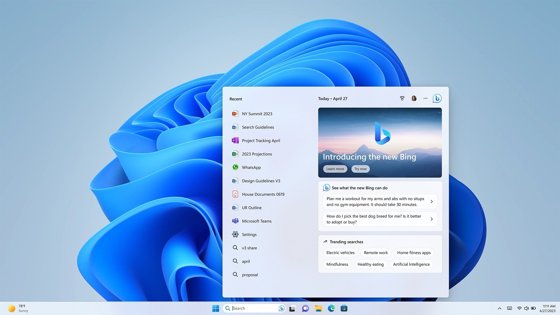 Windows 11 screen with the new Bing search feature