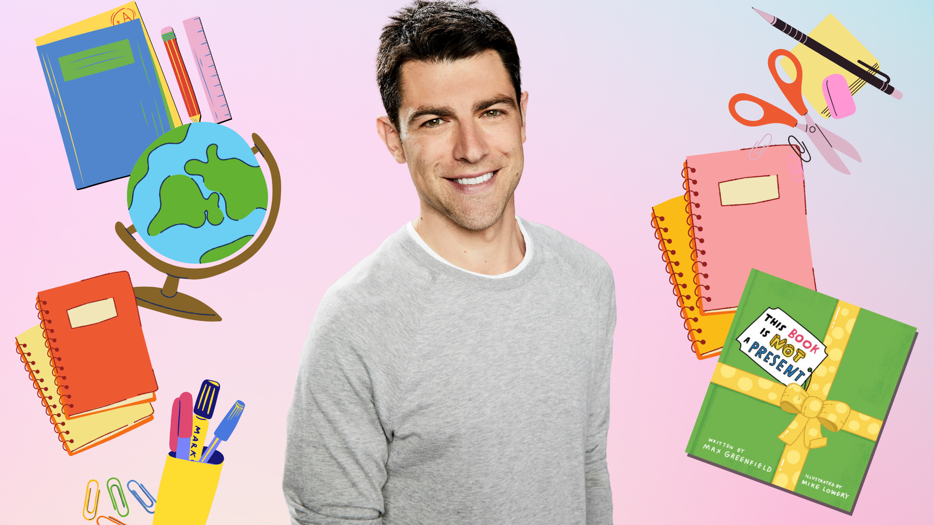 Max Greenfield at the center. Around him are illustrations of school materials like pens and notebooks.
