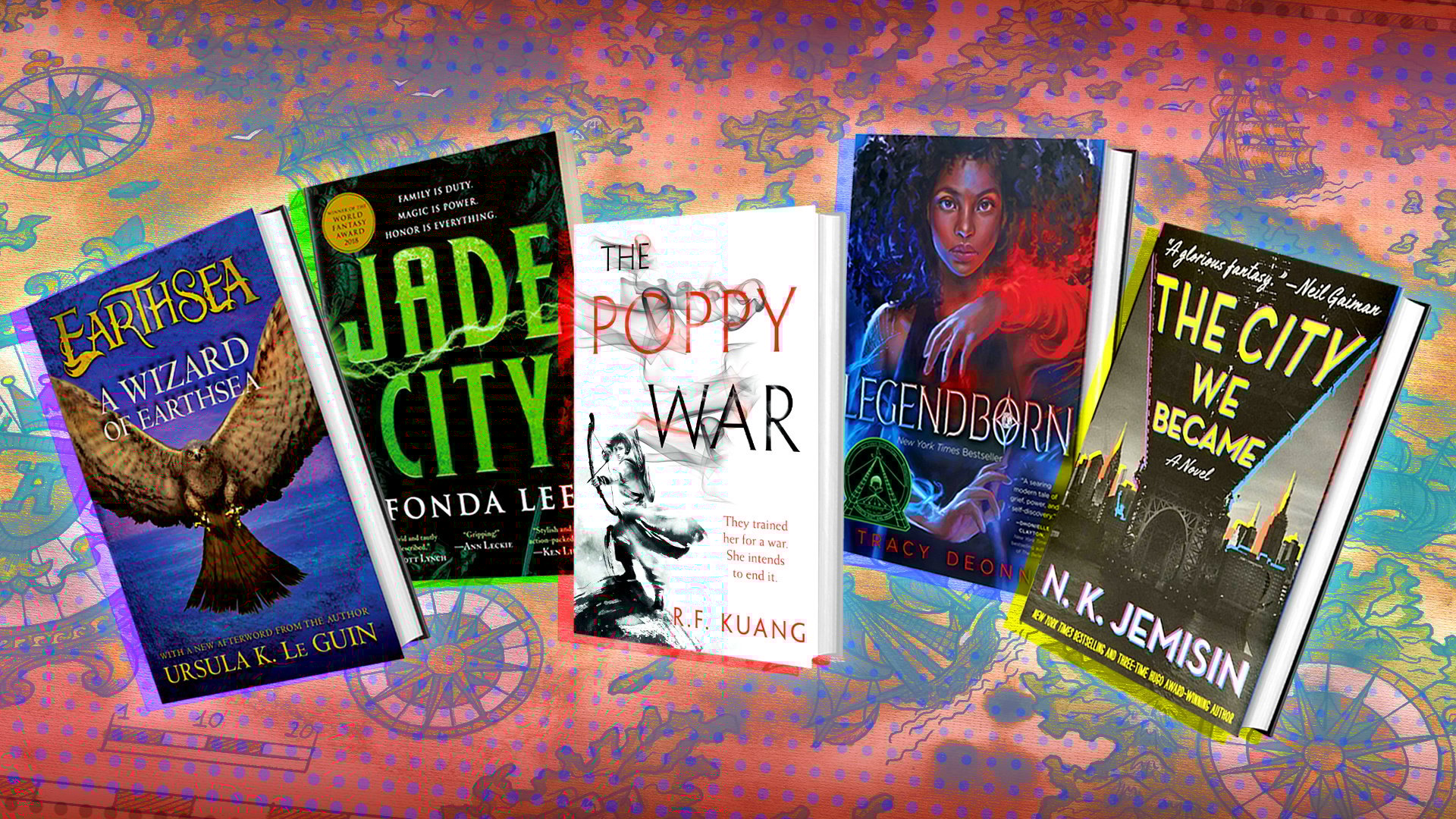 Five fantasy book covers overlaid over a map: