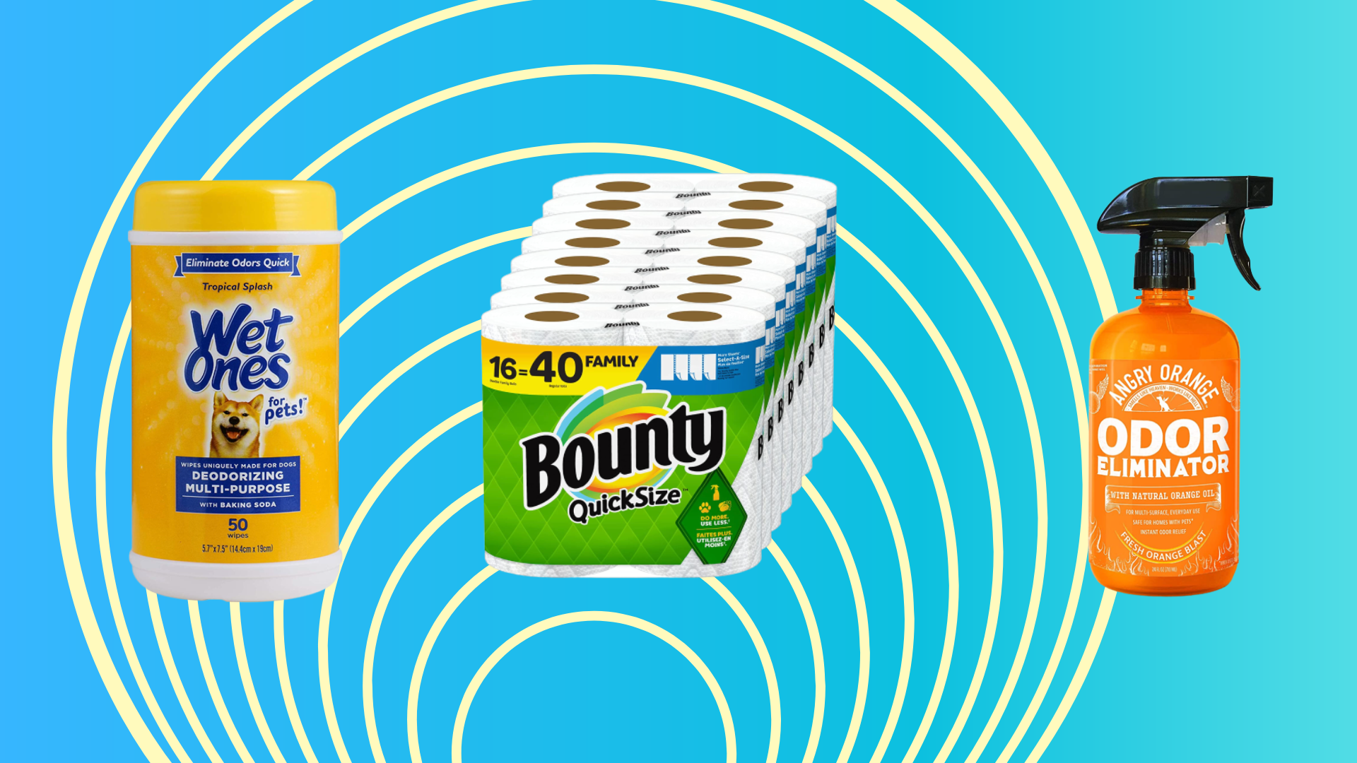 cleaning wipes, paper towels, and cleaning spray against a blue and yellow background