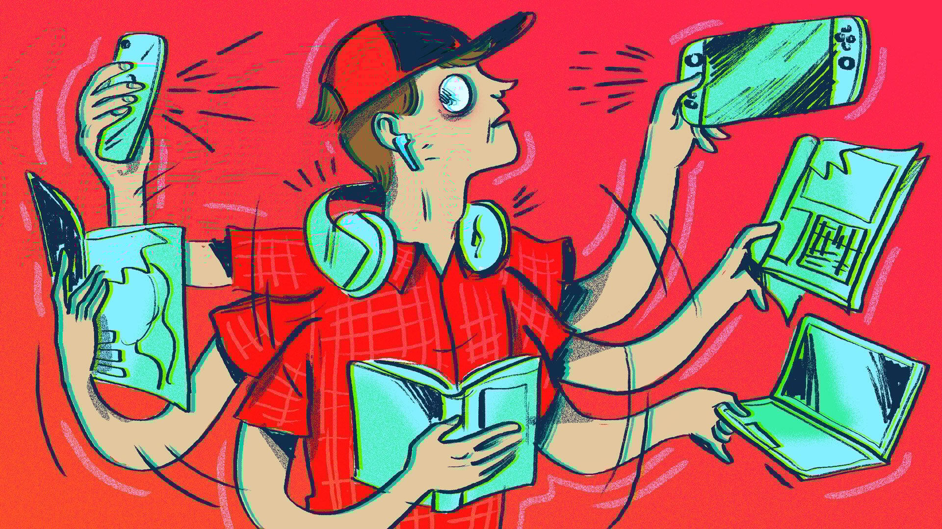 An illustrated person frantically uses multiple devices and reading materials over a red background