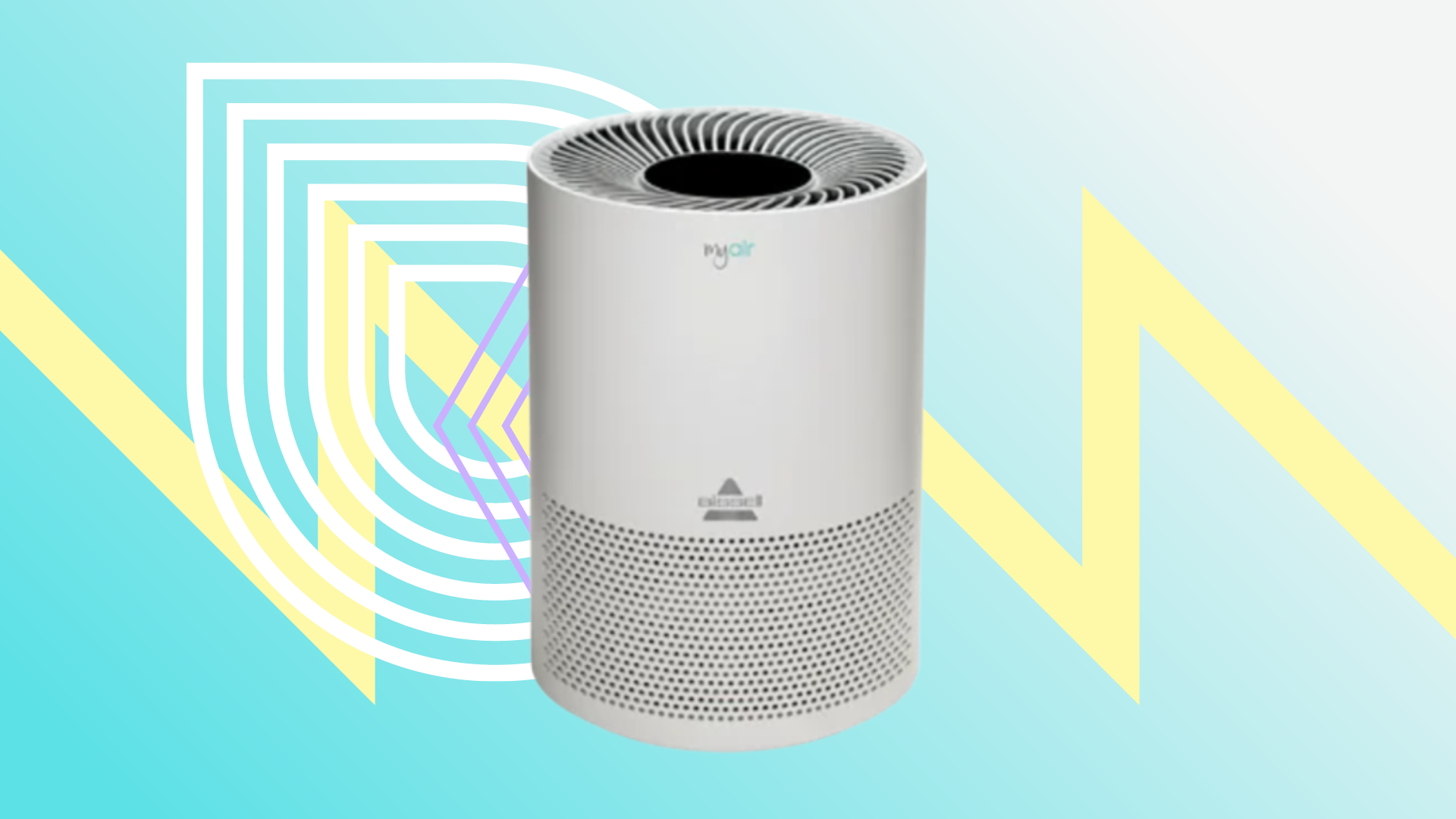 Air purifier against yellow, purple, and white lines and blue gradient background