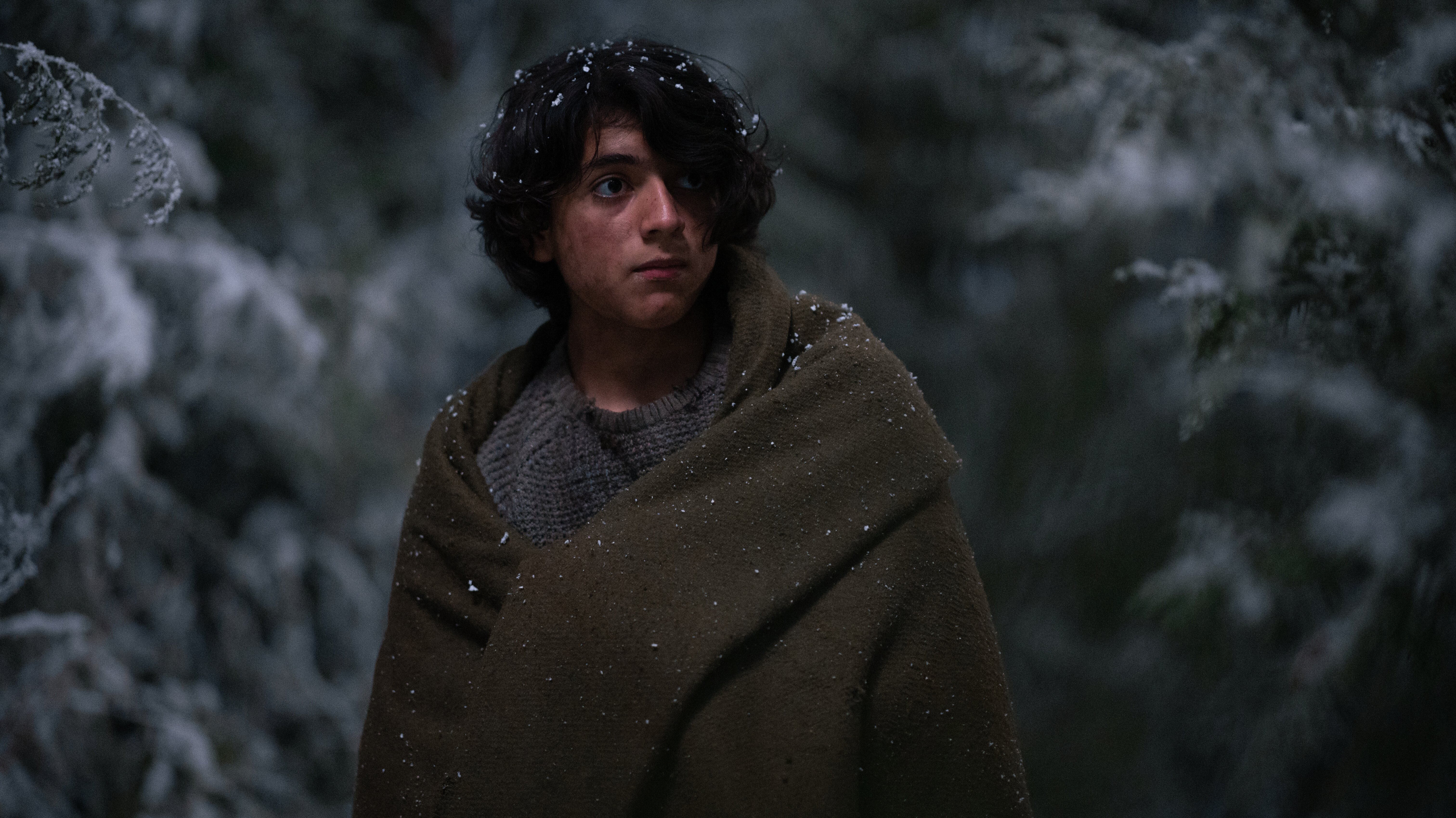 A young boy stands in the snow wearing a brown blanket.
