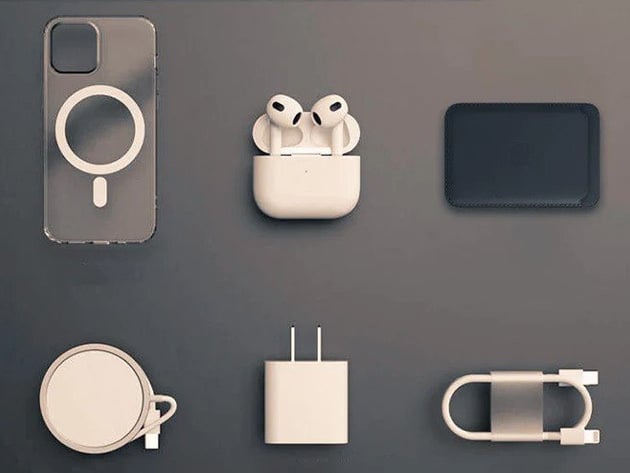 Apple charging cable, adapter, protective case, and other accessories laid out in two rows of three accessories each.
