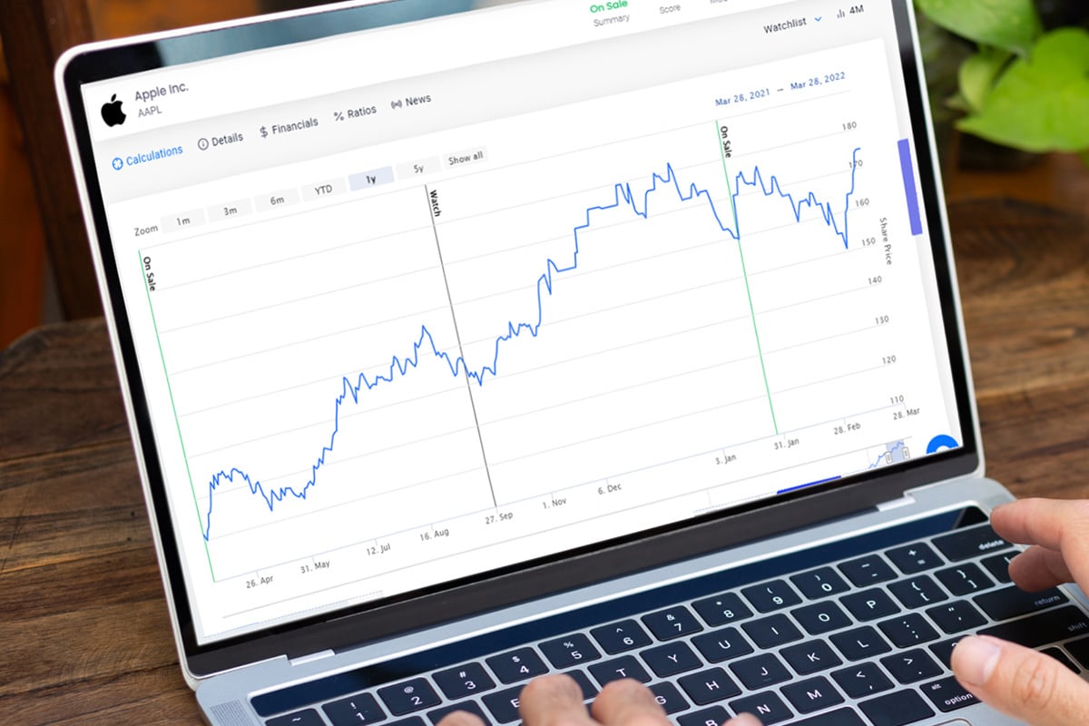 laptop screen showing a stock market zig zag indicator