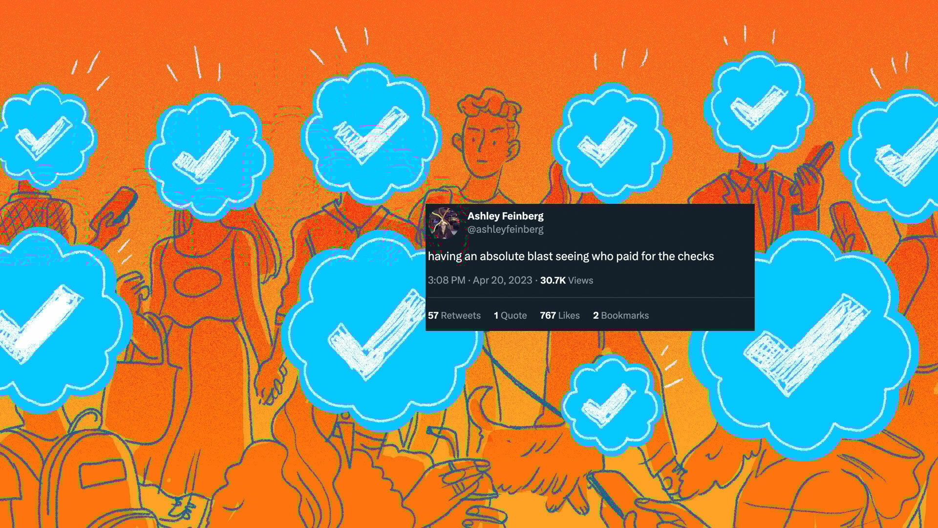 illustration of people with blue checks and a screenshot of tweet about people who bought checks
