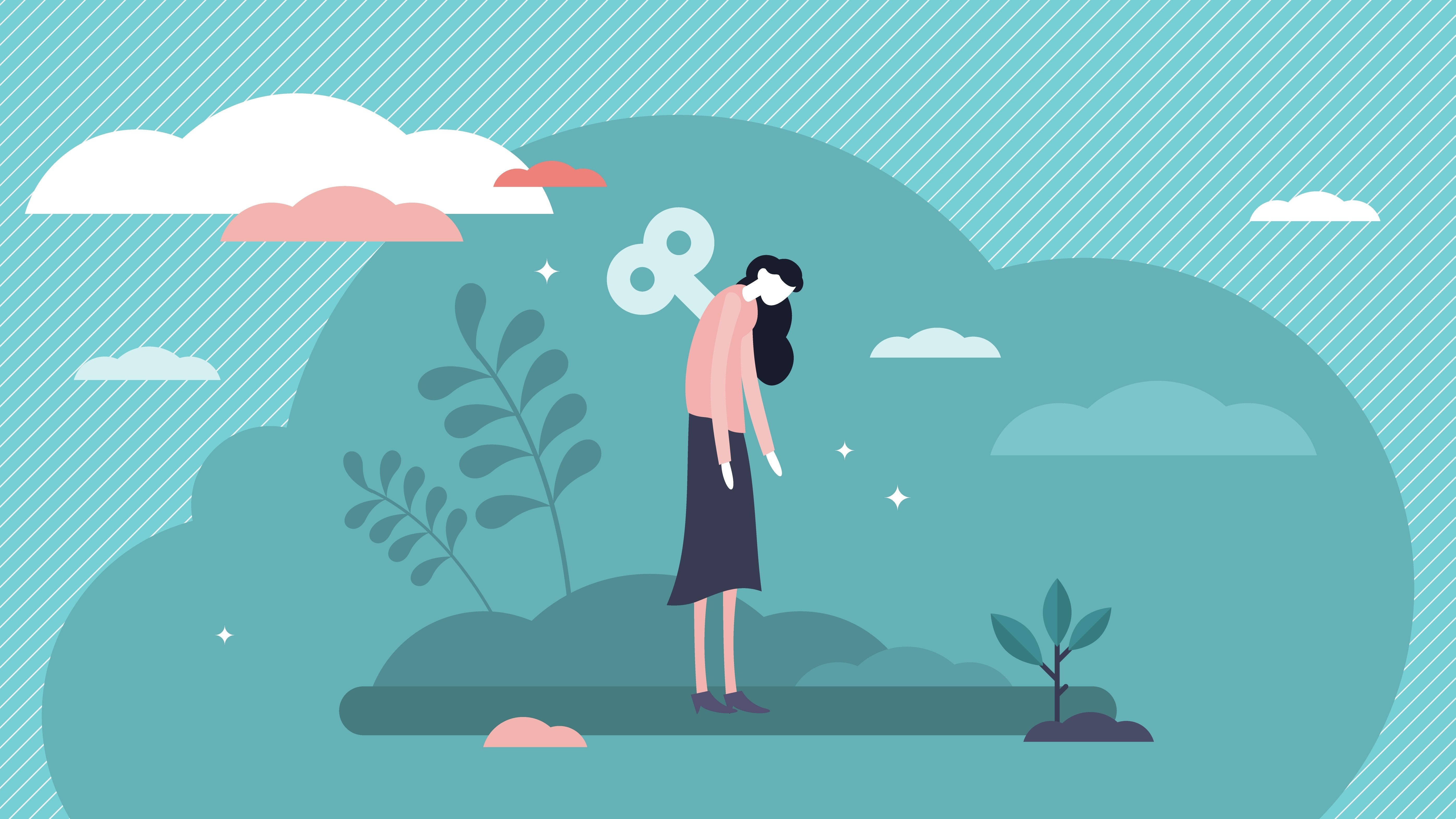 An illustrated woman as a windup figurine, looking exhausted.