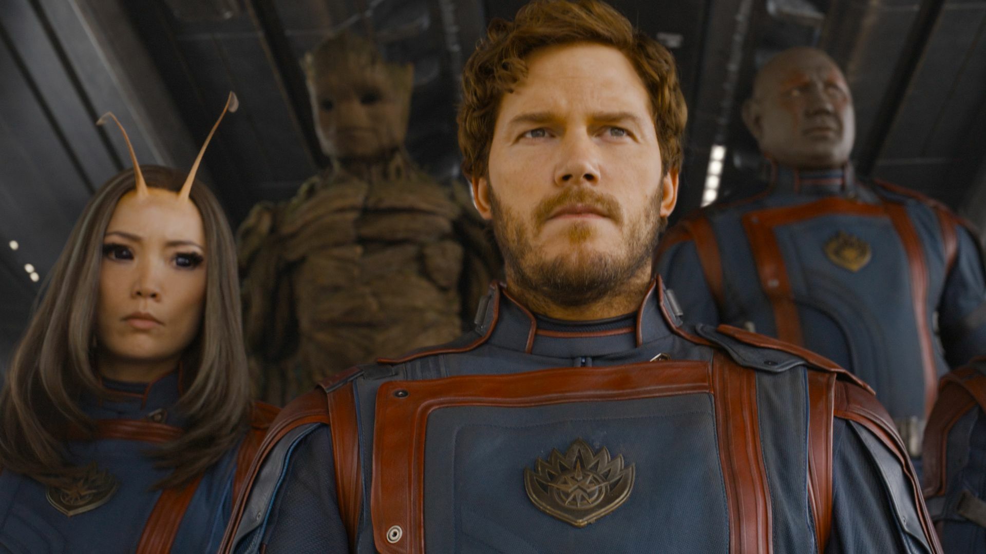 Pom Klementieff as Mantis, Groot (voiced by Vin Diesel), Chris Pratt as Peter Quill/Star-Lord, Dave Bautista as Drax, Karen Gillan as Nebula in Marvel Studios'